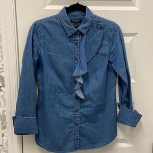Denim shirt with ruffle.